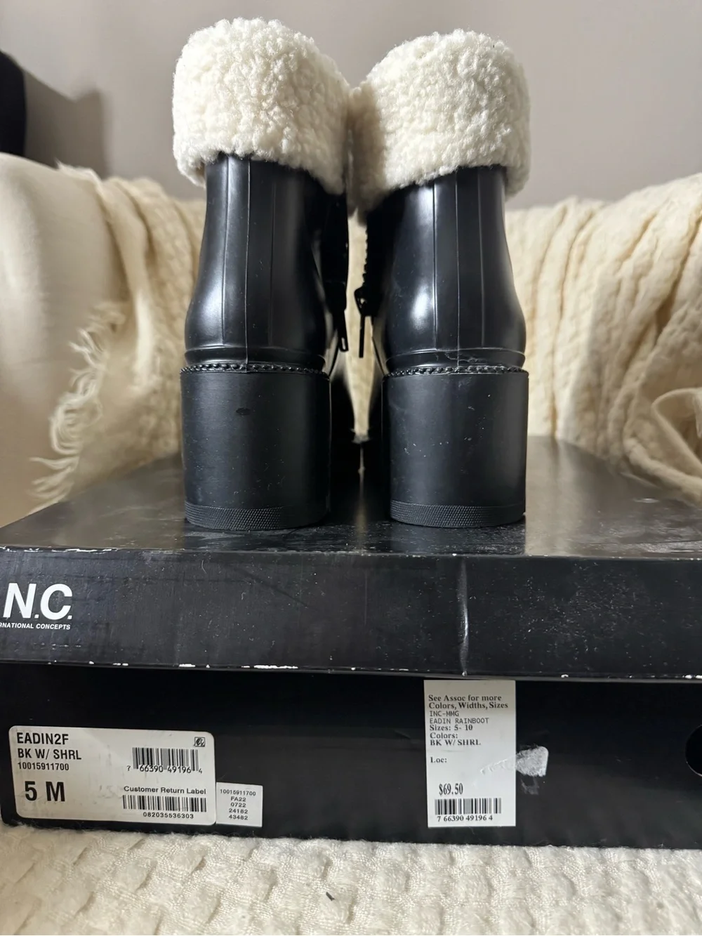INC International Concepts Black Ankle Boots with Cream Faux-Shearling Cuff